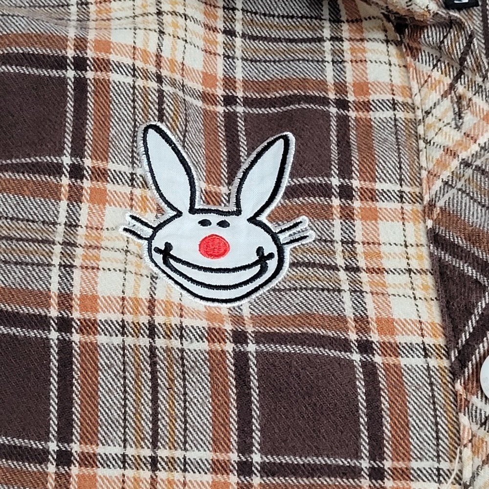 🐰Broken Promises x Happy Bunny Flannel Women's S Brown Plaid Graphic Y2K Art - Picture 6 of 16